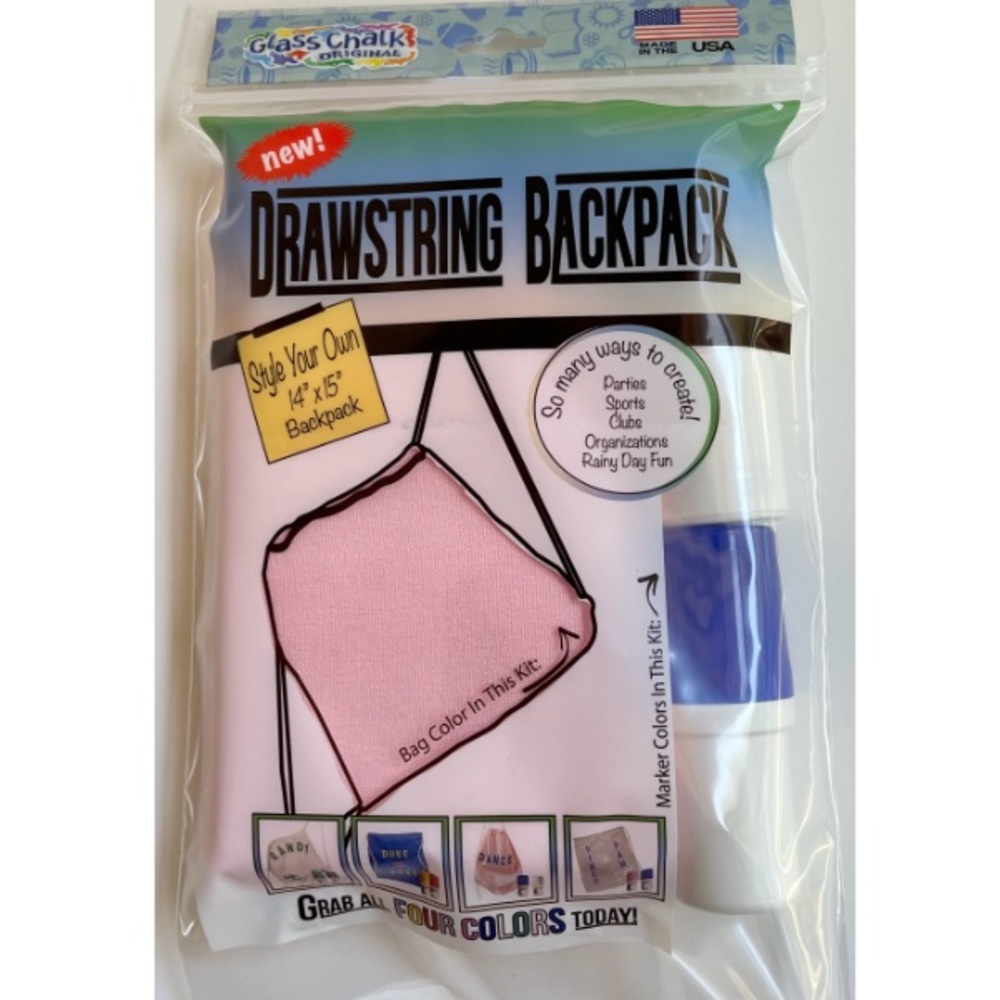 Glass Chalk Original Drawstring Backpack Style Your Own 14" X 15" Pink Color NWT
